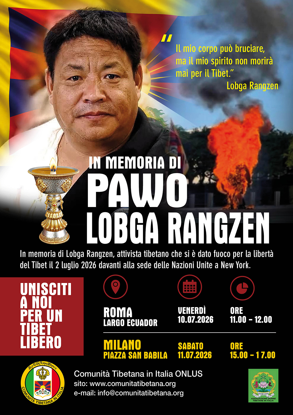10 e 11 luglio: manifestazione in memoria dell'eroe Lobga Rangzen, a Roma e Milano.